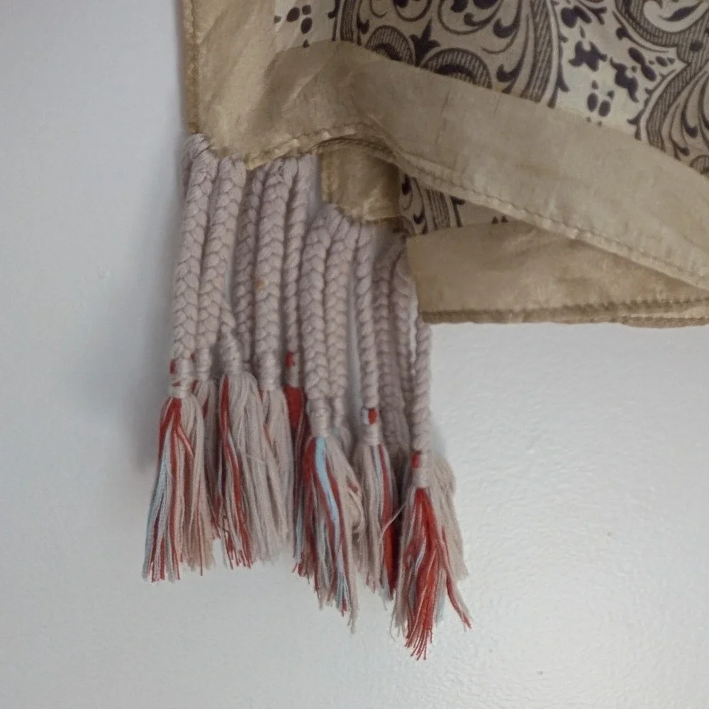 Johnny Was Silk Floral Paisley Scarf Beige Pink Tassel Fringe Boho 42x42 Square